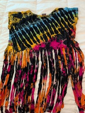 Tie-Dye Fringe Crop Top in Black, Pink & Orange